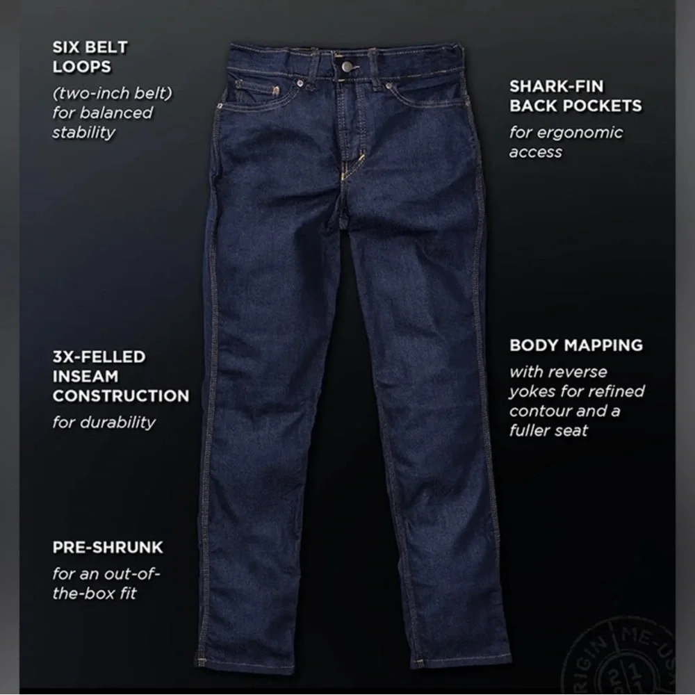 Origin Mens Jeans Delta D68 Dark Wash Quality Denim Made in USA Size 38 X 33